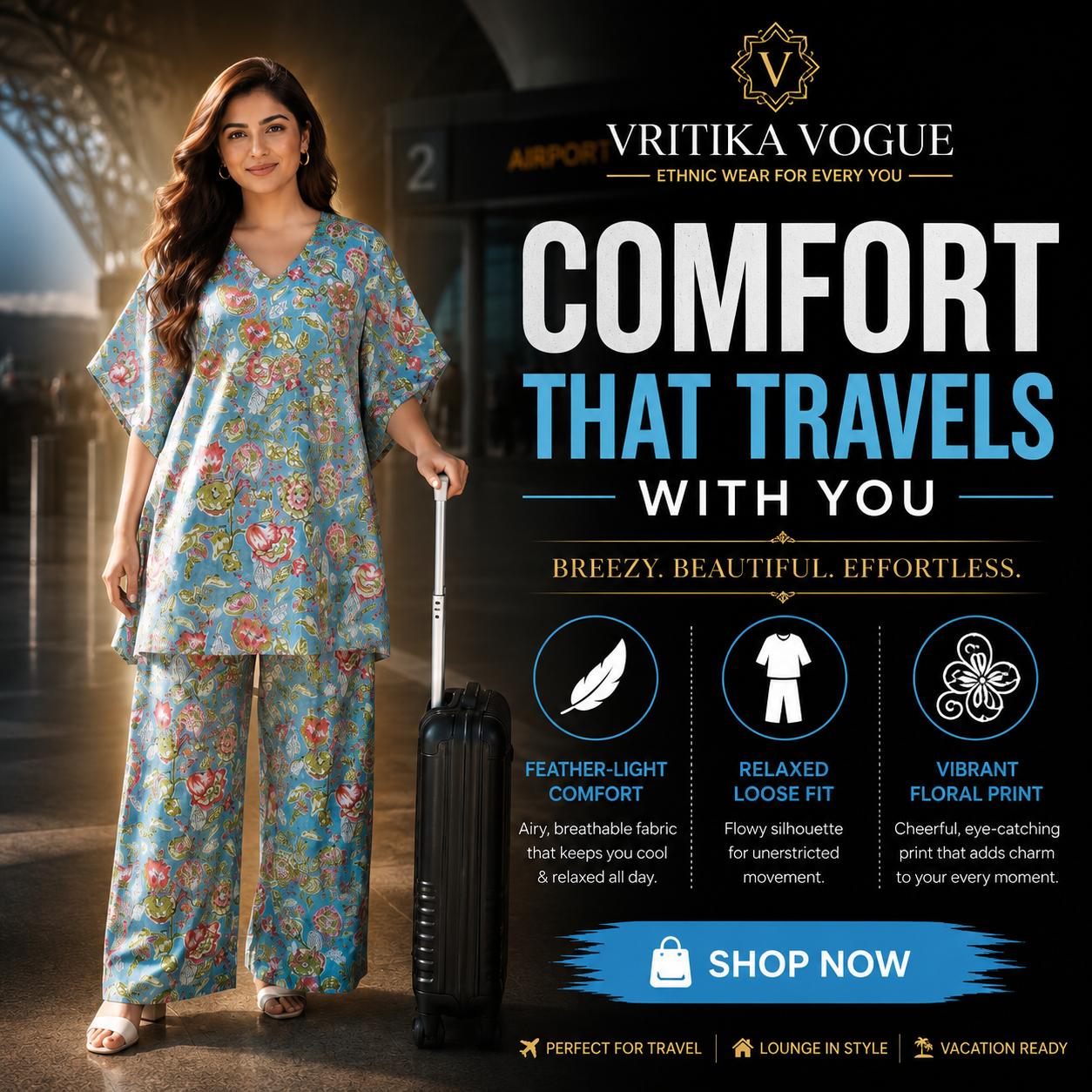 Floral Kaftan & Wide Leg Pants Co-ord Set | Printed Cotton Co-ord for Women