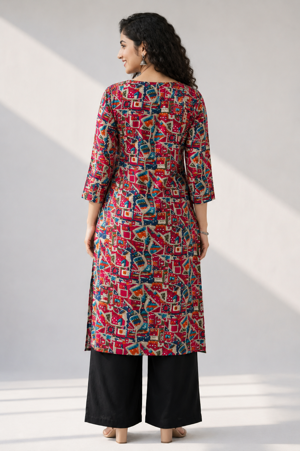 Multicolor Bandage Print Below Knee Length Kurti | Three-Fourth Sleeve Straight Kurta for Women