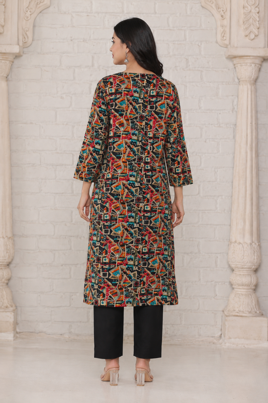 Black Multicolor Abstract Bandage Print Below Knee Length Kurti | Three-Fourth Sleeve Straight Kurta for Women