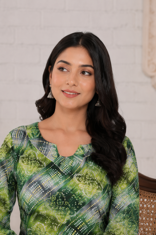 Green Bandhani Print Below Knee Length Kurti | Three-Fourth Sleeve Straight Kurta for Women