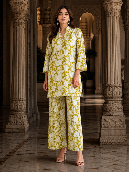 Olive Green Floral Cotton Co-ord Set – Kurti & Wide-Leg Palazzo | Women's Ethnic Wear