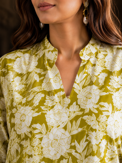 Olive Green Floral Cotton Co-ord Set – Kurti & Wide-Leg Palazzo | Women's Ethnic Wear