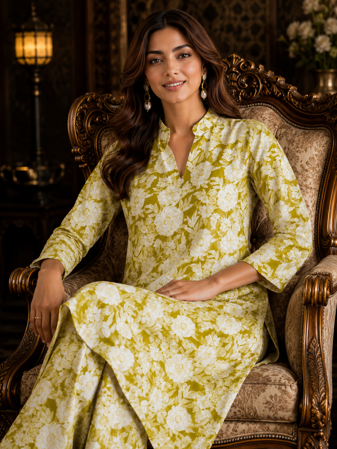 Olive Green Floral Cotton Co-ord Set – Kurti & Wide-Leg Palazzo | Women's Ethnic Wear