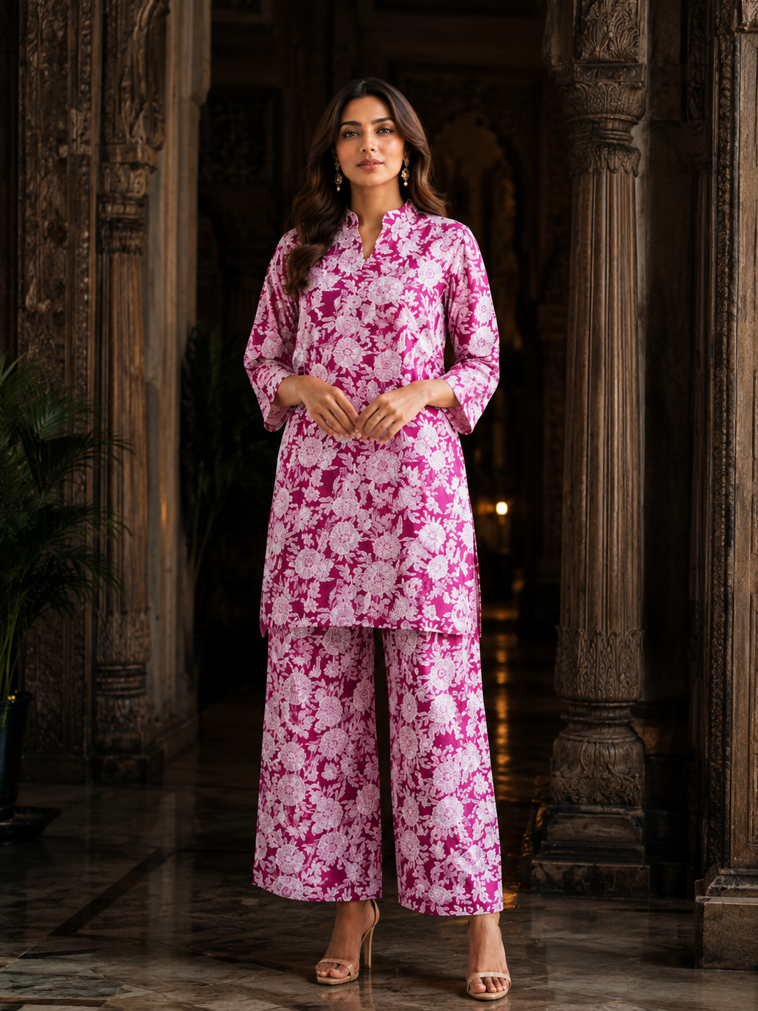 Magenta White Floral Print Cotton Co-ord Set – Kurti & Wide-Leg Palazzo | Women's Ethnic Wear