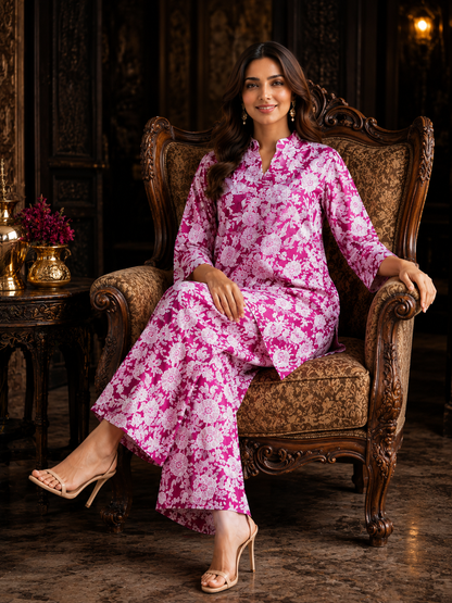 Magenta White Floral Print Cotton Co-ord Set – Kurti & Wide-Leg Palazzo | Women's Ethnic Wear