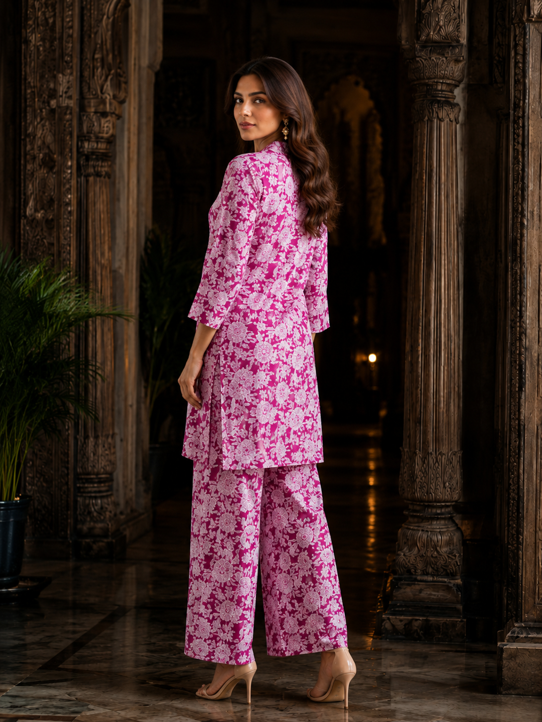 Magenta White Floral Print Cotton Co-ord Set – Kurti & Wide-Leg Palazzo | Women's Ethnic Wear
