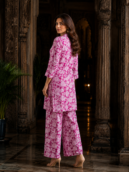 Magenta White Floral Print Cotton Co-ord Set – Kurti & Wide-Leg Palazzo | Women's Ethnic Wear