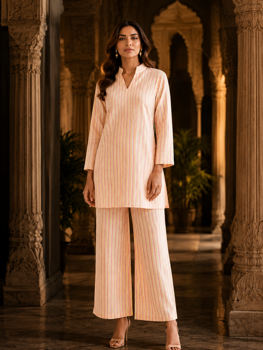Peach Pastel Stripe Cotton Co-ord Set – Straight Kurti & Wide-Leg Palazzo | Women's Ethnic Wear