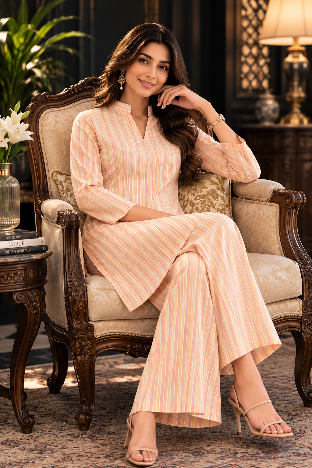 Peach Pastel Stripe Cotton Co-ord Set – Straight Kurti & Wide-Leg Palazzo | Women's Ethnic Wear