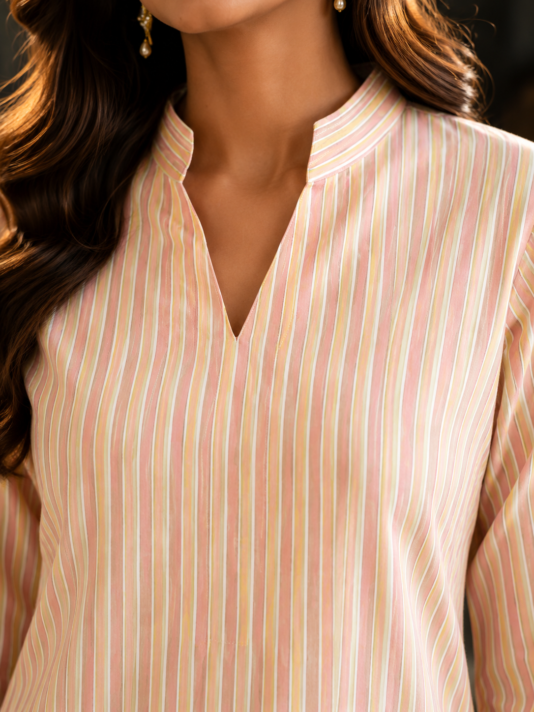 Peach Pastel Stripe Cotton Co-ord Set – Straight Kurti & Wide-Leg Palazzo | Women's Ethnic Wear