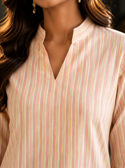 Peach Pastel Stripe Cotton Co-ord Set – Straight Kurti & Wide-Leg Palazzo | Women's Ethnic Wear