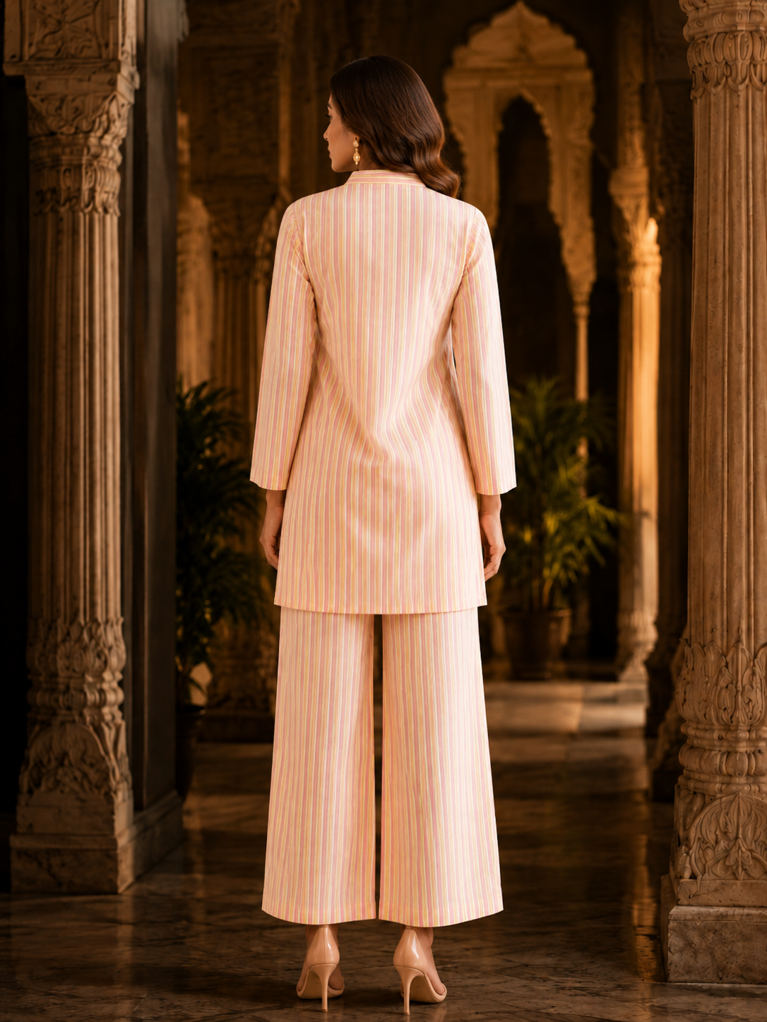 Peach Pastel Stripe Cotton Co-ord Set – Straight Kurti & Wide-Leg Palazzo | Women's Ethnic Wear