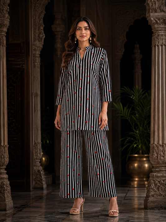 Black White Stripe & Red Heart Print Cotton Co-ord Set – Kurti & Wide-Leg Palazzo | Women's Ethnic Wear