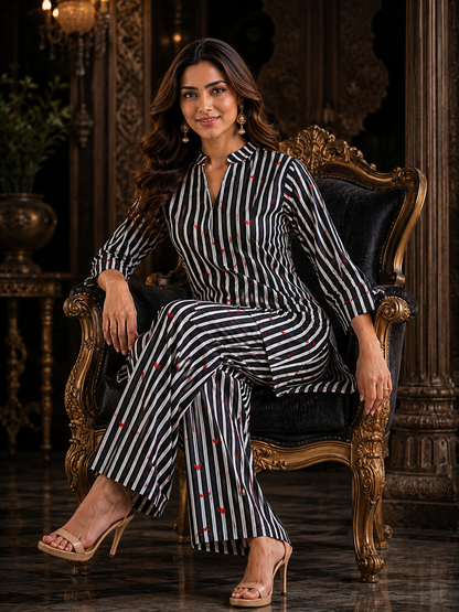 Black White Stripe & Red Heart Print Cotton Co-ord Set – Kurti & Wide-Leg Palazzo | Women's Ethnic Wear