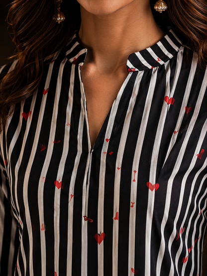 Black White Stripe & Red Heart Print Cotton Co-ord Set – Kurti & Wide-Leg Palazzo | Women's Ethnic Wear
