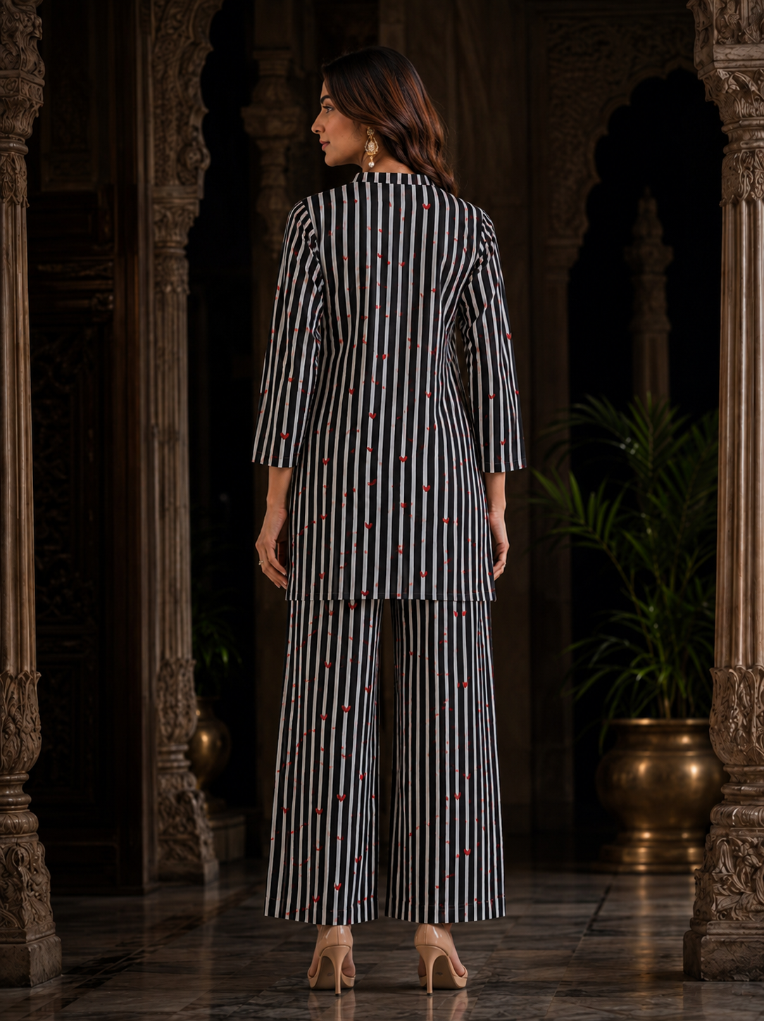 Black White Stripe & Red Heart Print Cotton Co-ord Set – Kurti & Wide-Leg Palazzo | Women's Ethnic Wear
