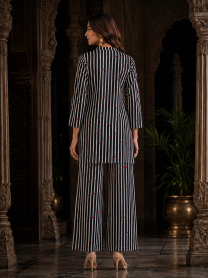 Black White Stripe & Red Heart Print Cotton Co-ord Set – Kurti & Wide-Leg Palazzo | Women's Ethnic Wear