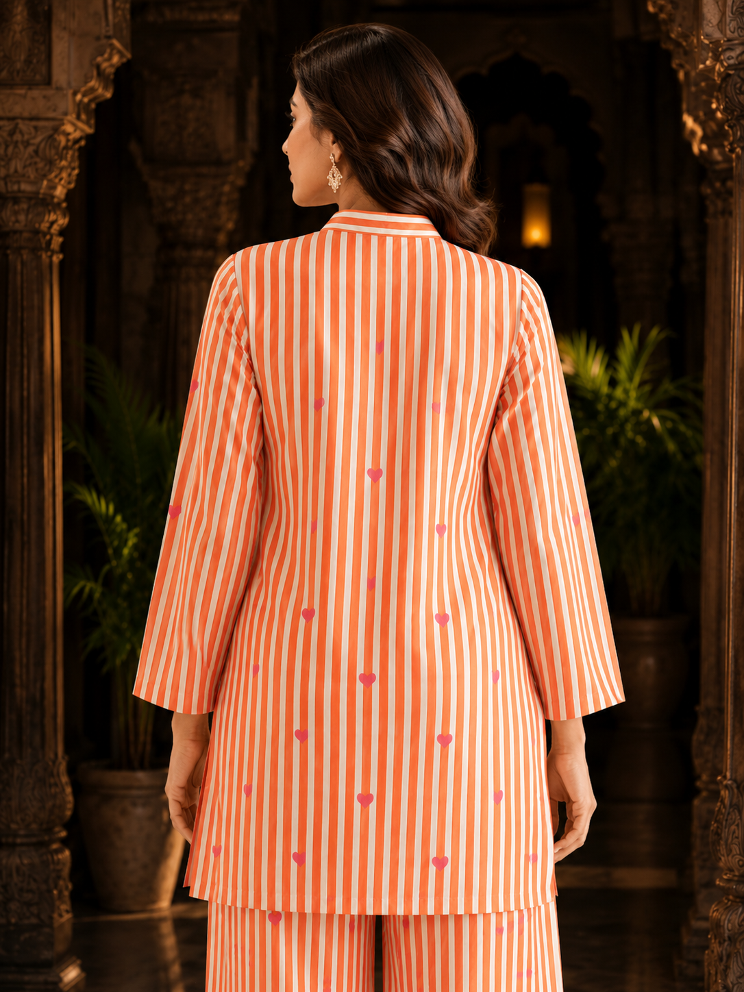 Orange White Stripe & Heart Print Cotton Co-ord Set – Kurti & Wide-Leg Palazzo | Women's Ethnic Wear