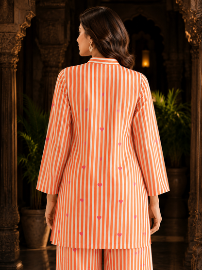 Orange White Stripe & Heart Print Cotton Co-ord Set – Kurti & Wide-Leg Palazzo | Women's Ethnic Wear