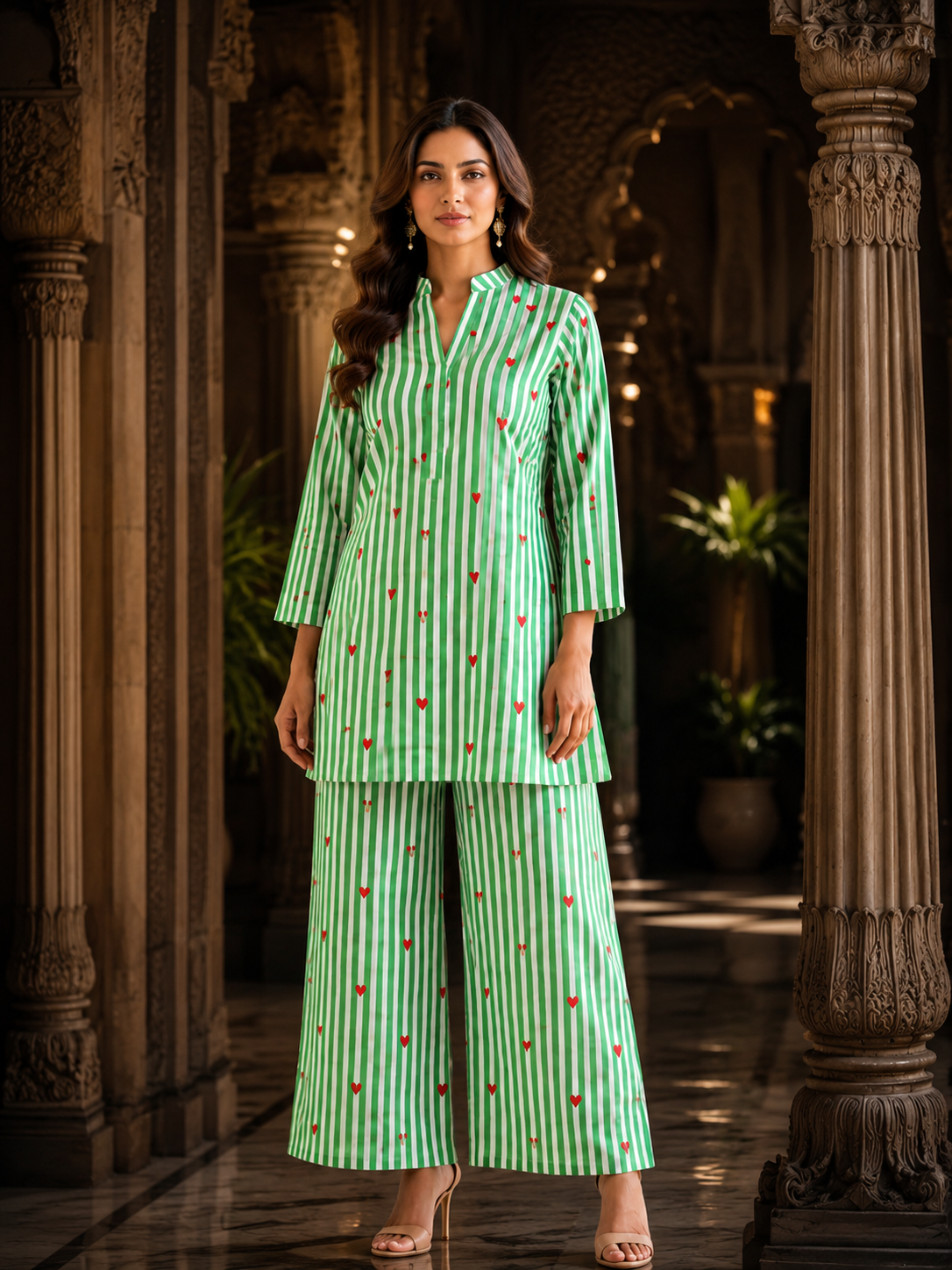 Mint Green White Stripe & Red Heart Print Cotton Co-ord Set – Kurti & Wide-Leg Palazzo | Women's Ethnic Wear