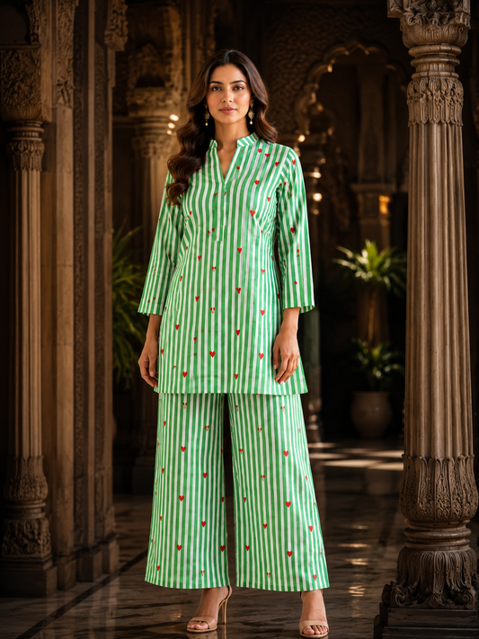 Mint Green White Stripe & Red Heart Print Cotton Co-ord Set – Kurti & Wide-Leg Palazzo | Women's Ethnic Wear