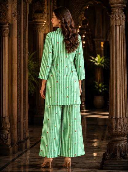 Mint Green White Stripe & Red Heart Print Cotton Co-ord Set – Kurti & Wide-Leg Palazzo | Women's Ethnic Wear