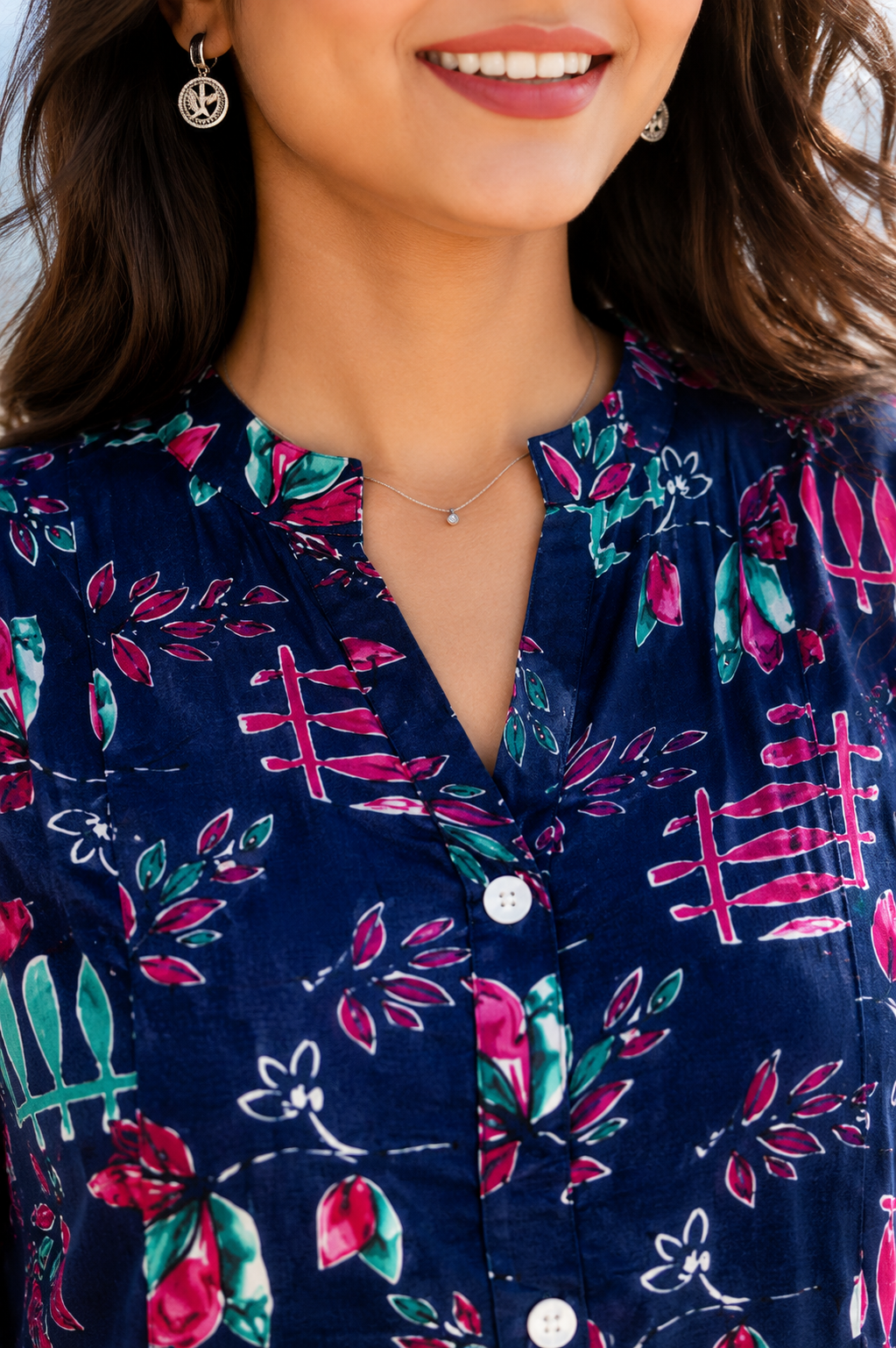 Navy Blue Abstract Print Cotton Dress – Button-Down Tiered Ruffle Hem | Women's Ethnic Wear