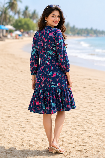 Navy Blue Abstract Print Cotton Dress – Button-Down Tiered Ruffle Hem | Women's Ethnic Wear