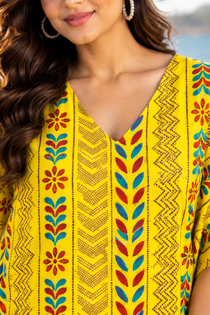 Yellow Printed Kaftan Dress for Women | Floral Boho Beach Cover-Up Tunic | Free Size Ethnic Kaftan | Summer Holiday Dress
