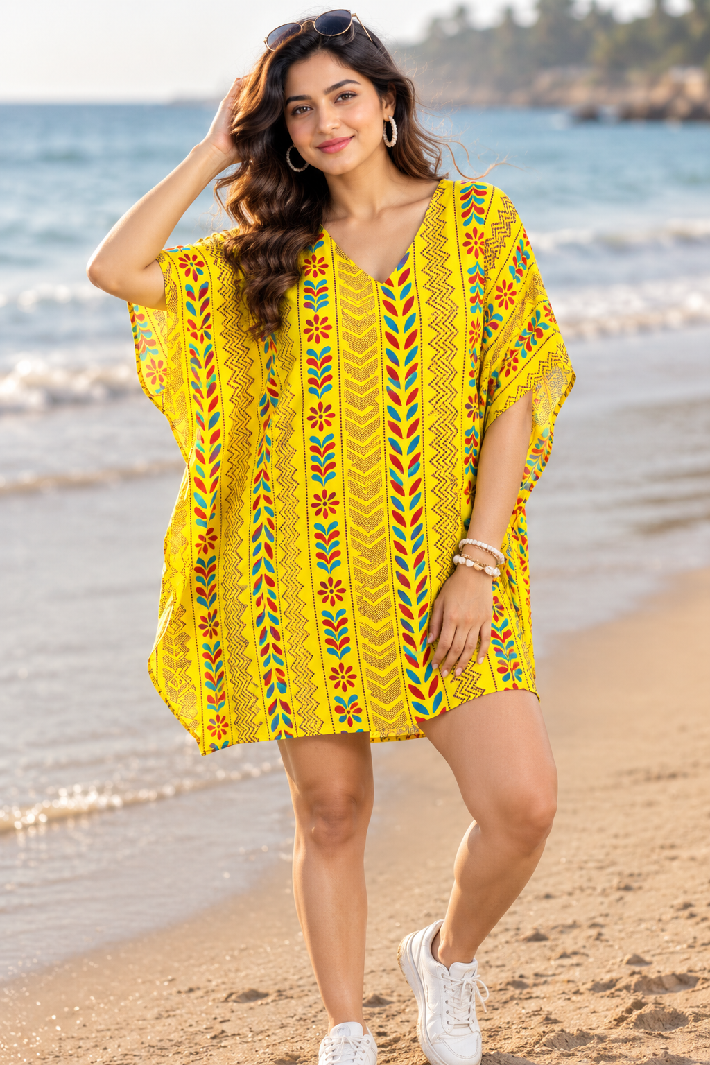 Yellow Printed Kaftan Dress for Women | Floral Boho Beach Cover-Up Tunic | Free Size Ethnic Kaftan | Summer Holiday Dress
