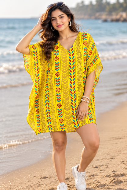 Yellow Printed Kaftan Dress for Women | Floral Boho Beach Cover-Up Tunic | Free Size Ethnic Kaftan | Summer Holiday Dress