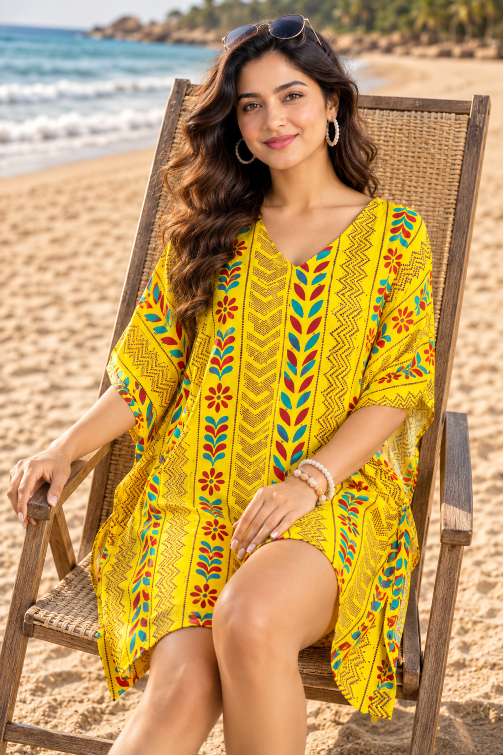 Yellow Printed Kaftan Dress for Women | Floral Boho Beach Cover-Up Tunic | Free Size Ethnic Kaftan | Summer Holiday Dress