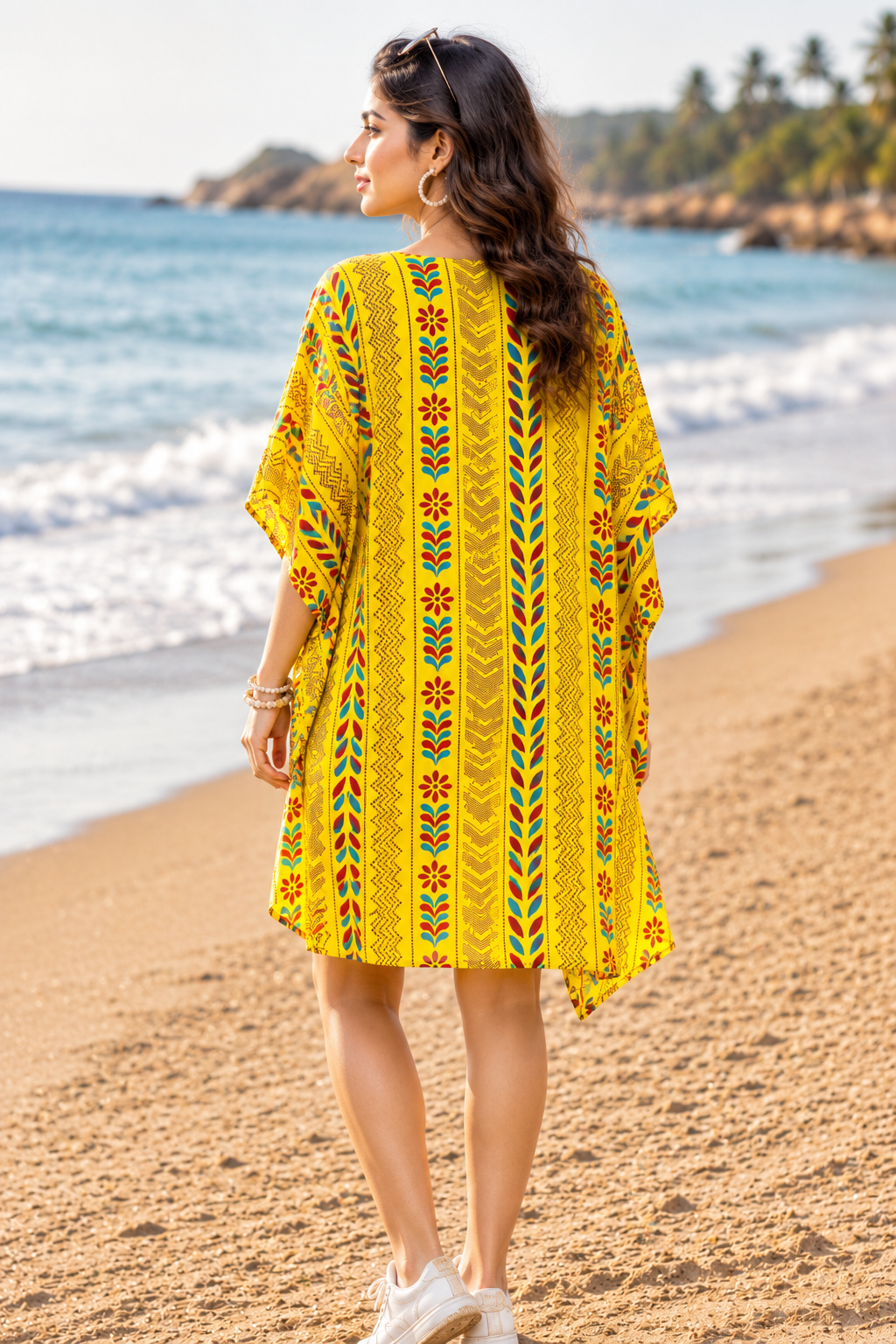 Yellow Printed Kaftan Dress for Women | Floral Boho Beach Cover-Up Tunic | Free Size Ethnic Kaftan | Summer Holiday Dress