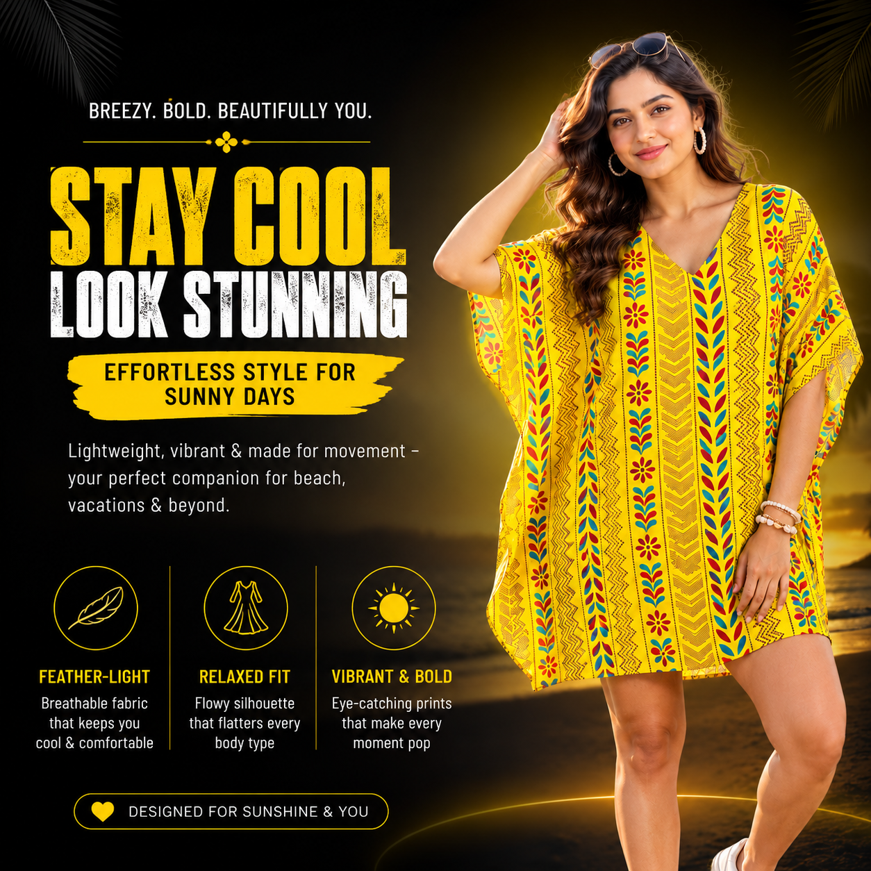 Yellow Printed Kaftan Dress for Women | Floral Boho Beach Cover-Up Tunic | Free Size Ethnic Kaftan | Summer Holiday Dress