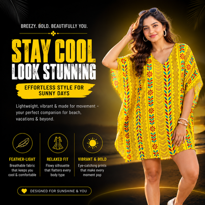 Yellow Printed Kaftan Dress for Women | Floral Boho Beach Cover-Up Tunic | Free Size Ethnic Kaftan | Summer Holiday Dress