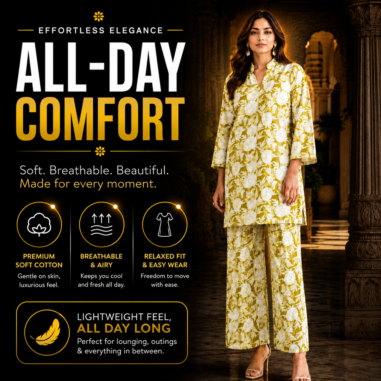 Lime Yellow White Floral Print Cotton Co-ord Set – Kurti & Wide-Leg Palazzo | Women's Ethnic Wear