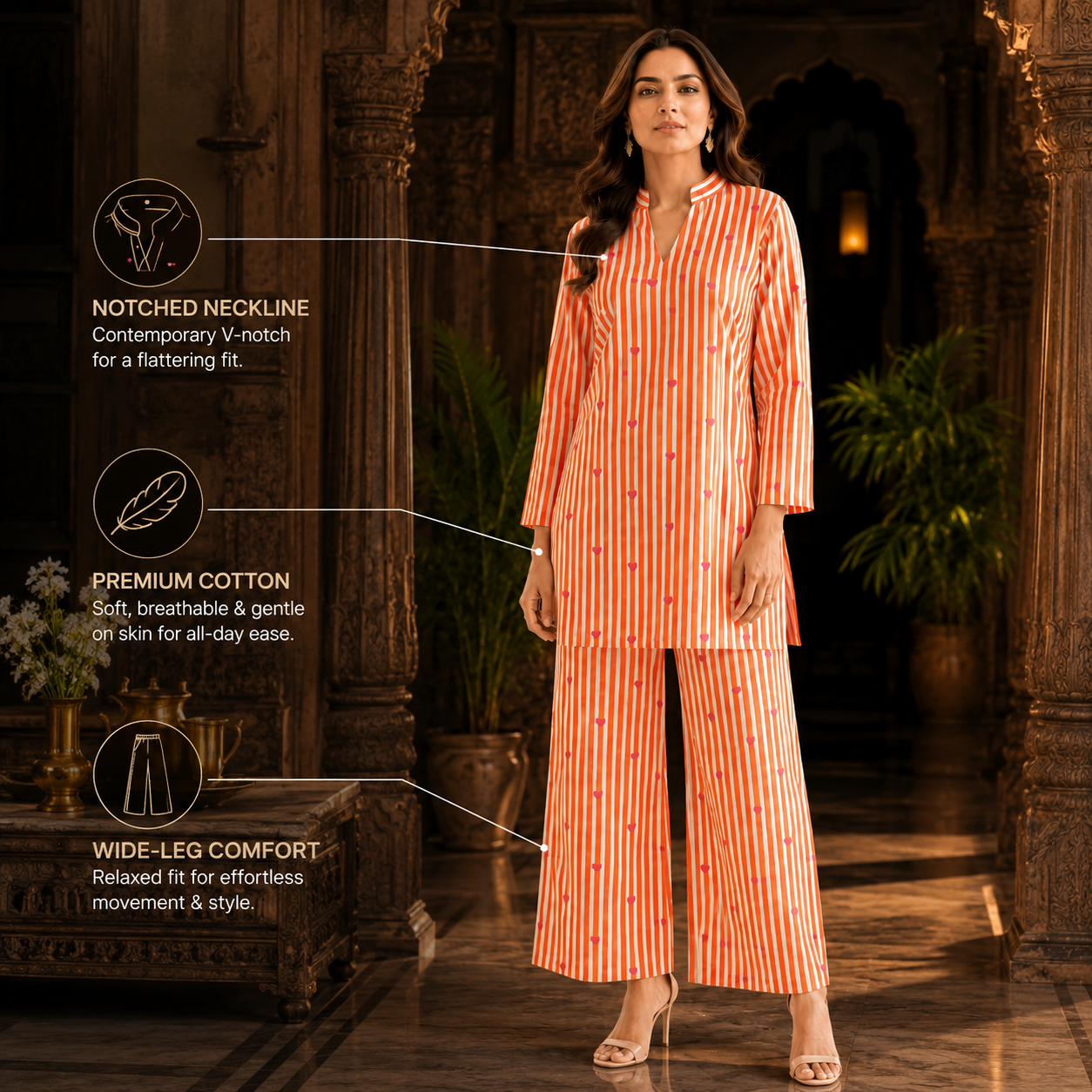 Orange White Stripe & Heart Print Cotton Co-ord Set – Kurti & Wide-Leg Palazzo | Women's Ethnic Wear