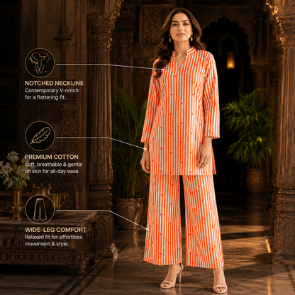 Orange White Stripe & Heart Print Cotton Co-ord Set – Kurti & Wide-Leg Palazzo | Women's Ethnic Wear