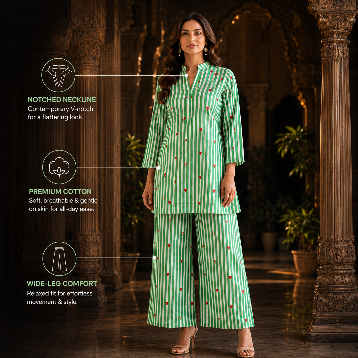 Mint Green White Stripe & Red Heart Print Cotton Co-ord Set – Kurti & Wide-Leg Palazzo | Women's Ethnic Wear