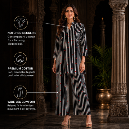 Black White Stripe & Red Heart Print Cotton Co-ord Set – Kurti & Wide-Leg Palazzo | Women's Ethnic Wear