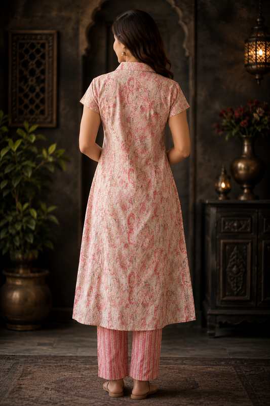Blush Pink Paisley Print Chanderi Co-ord Set – A-Line Kurti & Straight Pants | Women's Ethnic Wear