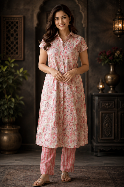 Blush Pink Paisley Print Chanderi Co-ord Set – A-Line Kurti & Straight Pants | Women's Ethnic Wear