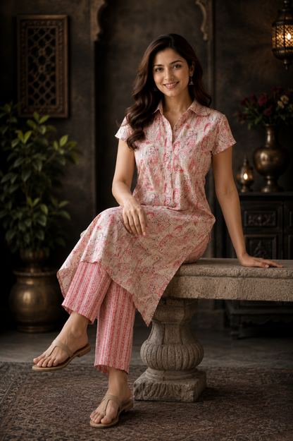 Blush Pink Paisley Print Chanderi Co-ord Set – A-Line Kurti & Straight Pants | Women's Ethnic Wear