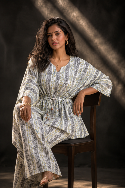 White Floral Block Print Rayon Co-ord Set – Kaftan Top & Wide-Leg Palazzo Pants for Women | XXL & XXXL Available
