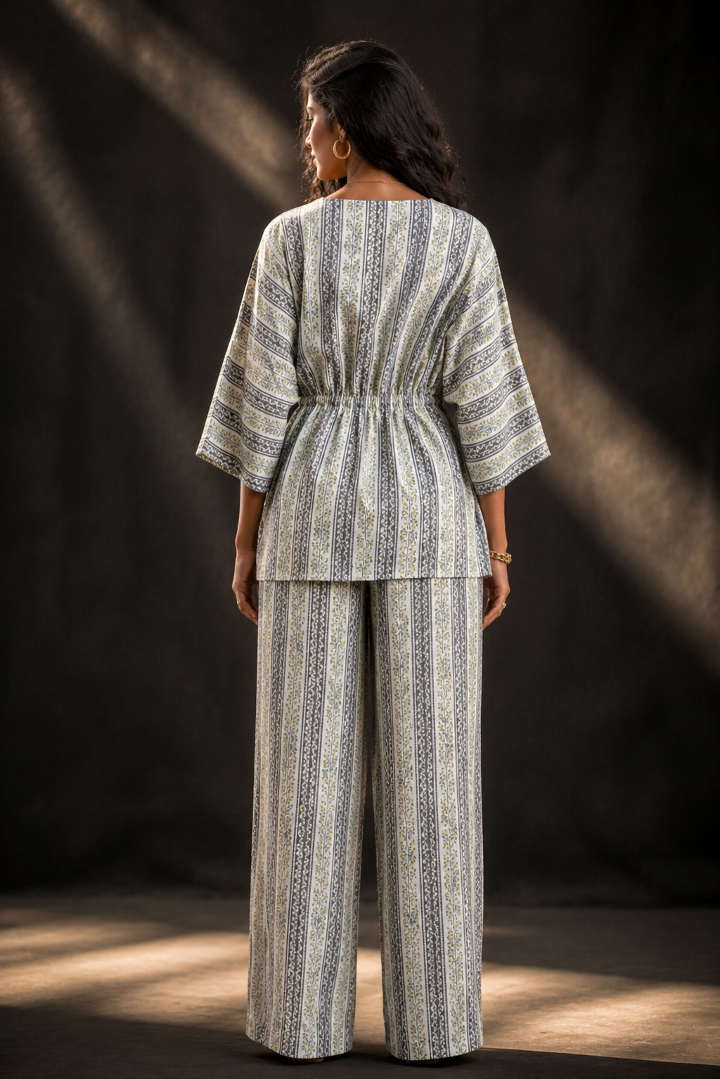 White Floral Block Print Rayon Co-ord Set – Kaftan Top & Wide-Leg Palazzo Pants for Women | XXL & XXXL Available