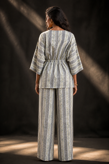 White Floral Block Print Rayon Co-ord Set – Kaftan Top & Wide-Leg Palazzo Pants for Women | XXL & XXXL Available