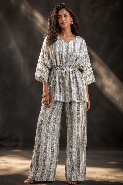 White Floral Block Print Rayon Co-ord Set – Kaftan Top & Wide-Leg Palazzo Pants for Women | XXL & XXXL Available