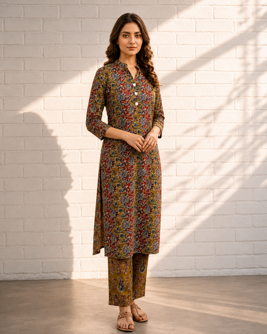 Olive Mustard Kalamkari Print Cotton Co-ord Set – Straight Kurti & Pants | Women's Ethnic Wear