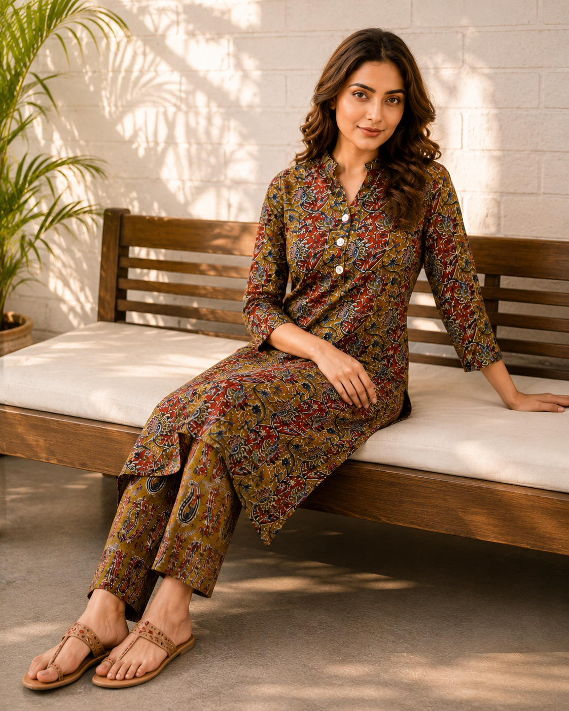 Olive Mustard Kalamkari Print Cotton Co-ord Set – Straight Kurti & Pants | Women's Ethnic Wear