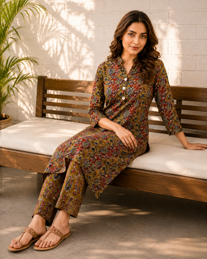 Olive Mustard Kalamkari Print Cotton Co-ord Set – Straight Kurti & Pants | Women's Ethnic Wear